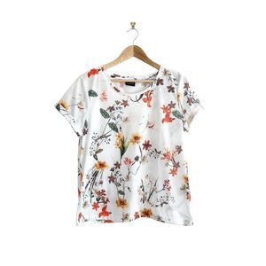 B.Young Womens Blouse Casual Tops Floral Short Sleeve White Large